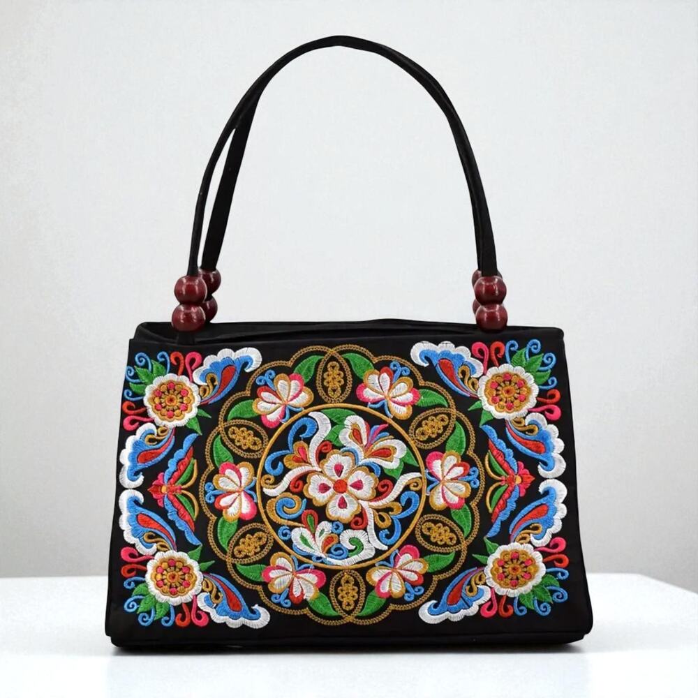 Floral Embroidered Ethnic Handbag Wood Bead Handles Black Canvas Boho Bag New